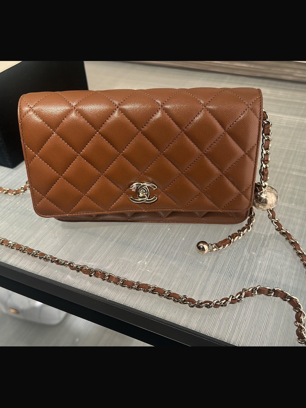 CHANEL Quilted Tan Lambskin Crossbody Wallet